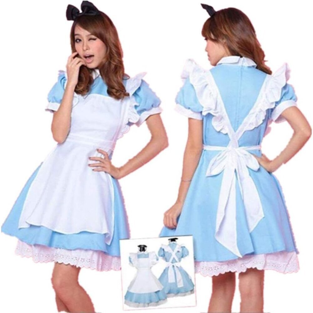Alice in Wonderland Cosplay Costume Blue Lolita Maid Dress Women Girls